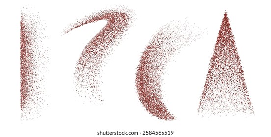 Pepper powder spray particles collection - red scattered ground dry spicy vegetable in various dynamic shapes. Spice dispersion patterns for culinary design. Crumbled paprika or hot chili flakes.