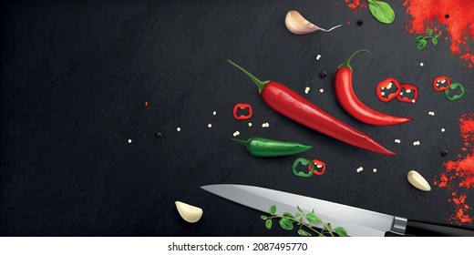 Pepper realistic composition with top view of table with garlic spices salt greens and powdered pepper vector illustration