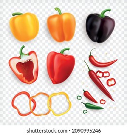 Pepper realistic set on transparent background with isolated images of ring slices and whole colorful fruits vector illustration