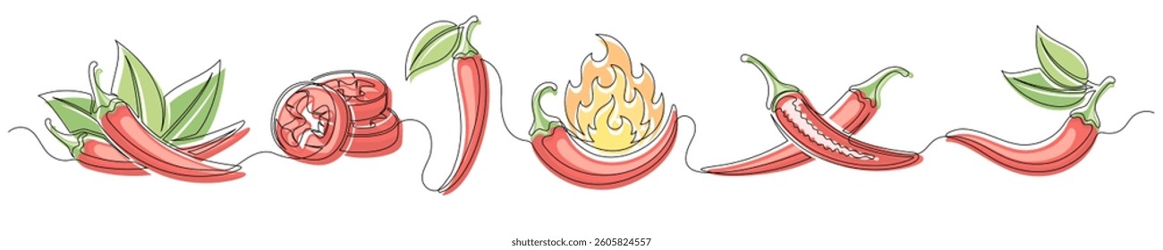 Сhili pepper red continuous one line drawing set isolated on a white background. Editable stroke. Outline сhili pepper vegetable collections. Horizontal banner. Vector illustration