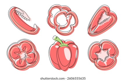 Pepper red continuous one line drawing icon set. Outline bell peppers vegetable collections isolated on a white background. Vector illustration