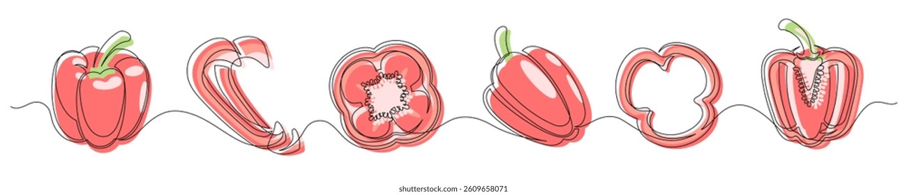 Pepper red continuous one line drawing set isolated on a white background. Horizontal banner. Outline bell pepper vegetable collections. Vector illustration