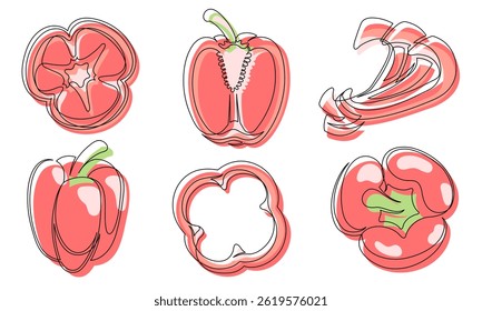 Pepper vermelho contínuo um conjunto de ícones de desenho de linha. Contorno sino pimentões coleções vegetais isoladas em um fundo branco. Ilustração vetorial