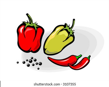 Pepper red, pepper sweet and pepper black on a white background.