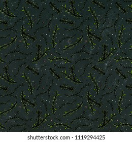 Pepper, Rosemary and Thyme Seamless Endless Vector Background. Fresh Green Herbs for Meat, Steak or Seafood Cooking. Hand Drawn Illustration. Doodle Style. Black Board Background and Chalk.