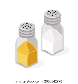 Pepper and salt jars. Vector 3d isometric style, color icon illustration. Creative design idea and infographics elements.