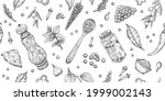 Pepper salt pattern. Vector food illustration. Sketch spice seamless background. Hand drawn garlic, pepper shaker, olive, bay leaf. Vintage kitchen cooking restaurant pattern. Herb isolated wallpaper
