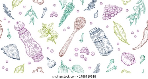 Pepper salt pattern. Vector food illustration. Sketch spice seamless background. Hand drawn garlic, pepper shaker, olive, bay leaf. Vintage kitchen cooking restaurant pattern. Herb isolated wallpaper