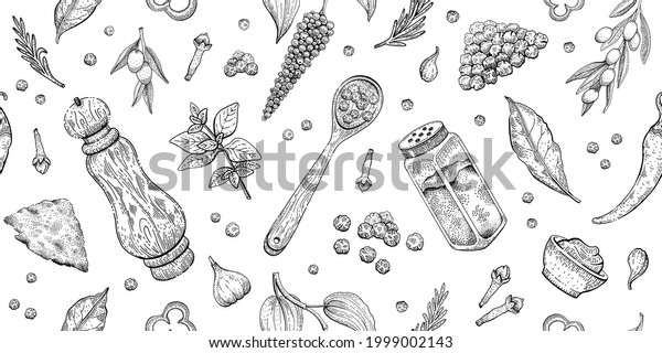 Pepper salt pattern. Vector food illustration.\
Sketch spice seamless background. Hand drawn garlic, pepper shaker,\
olive, bay leaf. Vintage kitchen cooking restaurant pattern. Herb\
isolated wallpaper