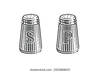 Pepper and Salt Shaker . Hand drawn engraving style illustrations. Vector illustration.