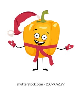 Pepper Santa character with happy emotion, joyful face, smile eyes, arms and legs with scarf and mittens. Vegetable person with expression, orange food for Christmas and New year