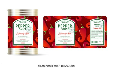 Pepper Sauce Extreme Hot label and packaging. Can with label. Text in frames on seamless pattern with ripe peppers.