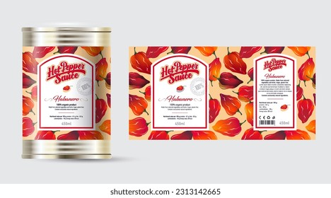 Pepper Sauce label and packaging. Tin can with label with seamless pattern from small hot habanero peppers.