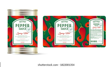 Pepper Sauce Spicy Hot label and packaging. Can with label. Text in frames on seamless pattern with ripe peppers.