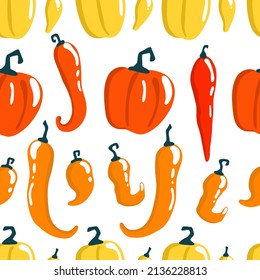 Pepper seamless pattern. Pepper, bell pepper and chili seamless pattern. Red vegetable pattern. Orange, yellow, red, sweet spice cartoon. Vector illustration on white background.