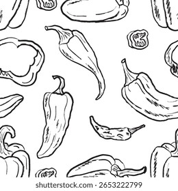 Pepper seamless pattern design with whole and sliced hot chili pepper in black brush stroke texture isolated on white. Hand drawn vector sketch illustration in vintage charcoal ink