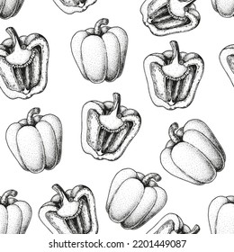 Pepper seamless pattern. Hand drawn background. Vector illustration. Hand drawing sketch illustration.  Pepper vegetable hand drawn backdrop. 