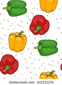 pepper - seamless pattern. Red, yellow, green pepper. useful vegetables. vegetarianism. Vector illustration with white background. the drawing hands.