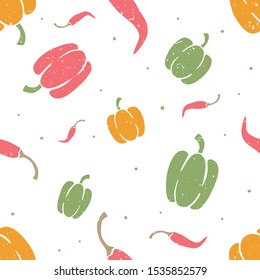 Pepper seamless pattern. Ripe pepper, chili and peppercorns on shabby background. Vector hand drawn illustration
