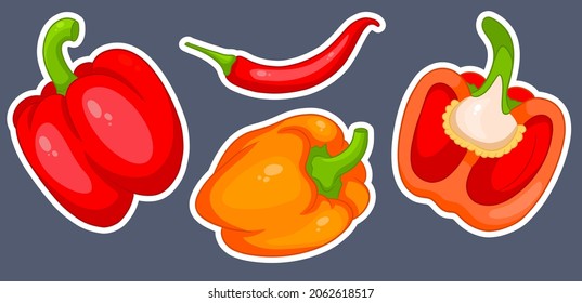 Pepper set. Fresh bell peppers and hot peppers. In cartoon style stickers. Vector illustration for design and decoration.