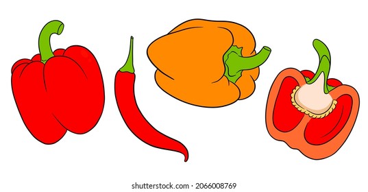 Pfefferset. Frische Paprika und warme Paprika. In einem Cartoon-Stil. Vektorgrafik für Design und Dekoration.