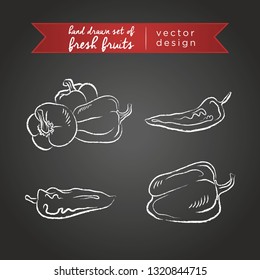 Pepper. Set of fresh vegetables, whole, half and bitten with leaf. Vector illustration. Isolated on blackboard