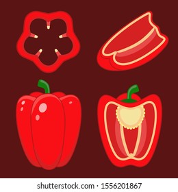 Pepper set wish slices isolated on burgundy background. Pieces and half of paprika. Vector illustration. Sweet red bell pepper
