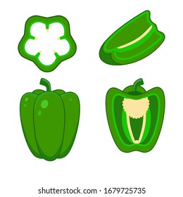 Pepper set wish slices isolated on white background. Pieces and half of paprika. Vector illustration. Sweet green bell pepper