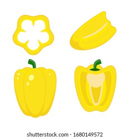 Pepper set wish slices isolated on white background. Pieces and half of paprika. Vector illustration. Sweet yellow  bell pepper