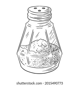 Pepper Shaker Engraved Illustration. Hand drawn glass jar cooking spice vector sketch in vintage style for logo, recipe, menu, emblem, food prints, labels, stickers