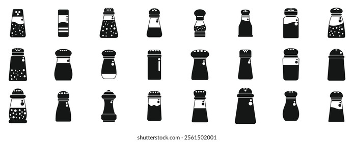 Pepper shaker icons set. Black silhouettes of salt and pepper shakers isolated on white background