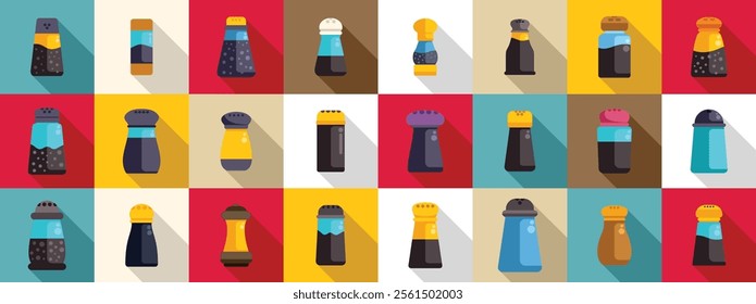 Pepper shaker icons set. Colorful salt and pepper shakers bring a pop of color and functionality to dining and cooking