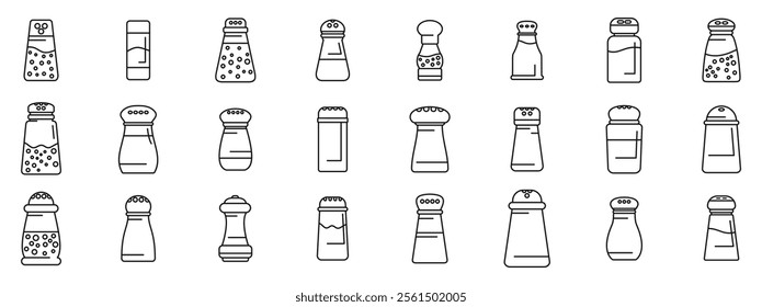 Pepper shaker icons set. Different types of salt and pepper shakers are displayed, showcasing various designs for enhancing culinary experiences