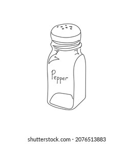 Pepper shaker in line art style. Black linear sketch isolated on white background. Simple vector illustration.