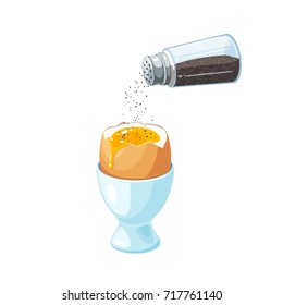 Pepper shaker pouring ground pepper to soft-boiled egg in eggshell in egg holder. Vector illustration cartoon flat icon isolated on white.