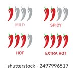 Pepper spice level. Red chili pepper.   Mild, spicy, hot, extra hot.Vector isolated illustration.