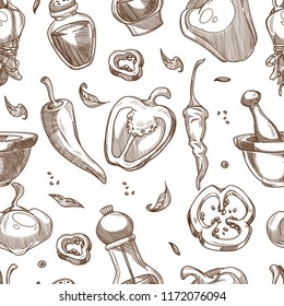 Pepper spices or seasoning sketch pattern. Vector seamless background