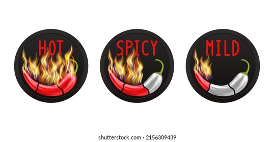 Pepper spiciness level labels, mild, spicy, hot. Element for packing, sauce or snack.