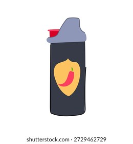 Pepper spray canister upright with shield emblem showing red chili pepper, symbolizing capsaicin based personal defense and urban safety for self protection and crime deterrence