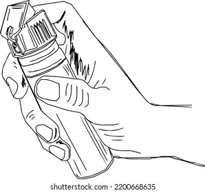 Pepper spray in hand line art vector illustration, Pepper spray for self defence continuous outline sketch drawing, Self defence object clipart silhouette