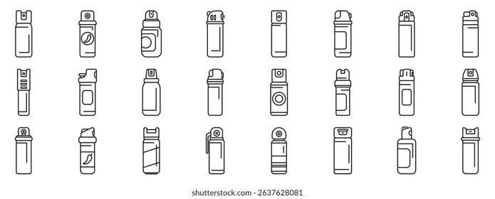 Pepper spray icons set. Collection of pepper sprays featuring various can designs for personal safety and protection against threats
