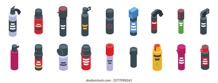 Pepper spray icons set. Isometric pepper sprays providing security and protection against assault, ensuring personal safety in various dangerous situations