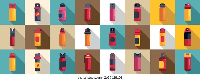 Pepper spray icons set. Various colorful pepper sprays provide personal safety and protection against threats