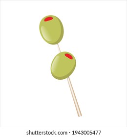 Pepper stuffed olives. Two stuffed olives on toothpick. Pickled olives vector. Green olives on a wooden stick. Vector design element. Food elements. Isolated on white. Appetizers icon.
