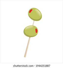 Pepper stuffed olives. Two stuffed olives on toothpick. Pickled olives vector. Green olives on a wooden stick. Vector design element. Food elements. Isolated on white. Appetizers icon.