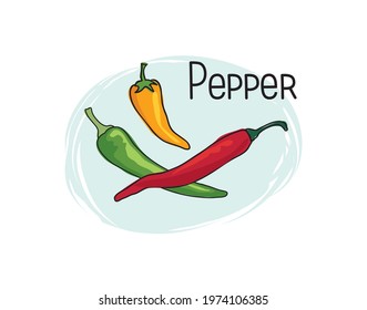 Pepper of three colours. Half and full spice pepper isolated on white background with lettering Chily Pepper Vegetable icon stylish drawn symbol pepper