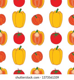 Pepper and tomato seamless pattern for wallpaper design. Fresh ripe color food. Organic healthy vegetable.  Raw, vegan, vegetarian food. Cartoon pattern on white backdrop. Vector doodle design. 
