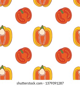 Pepper and tomato  seamless pattern for wallpaper design. Fresh ripe color food. Organic healthy vegetable.  Raw, vegan, vegetarian food. Cartoon pattern on white backdrop. Vector doodle design. 