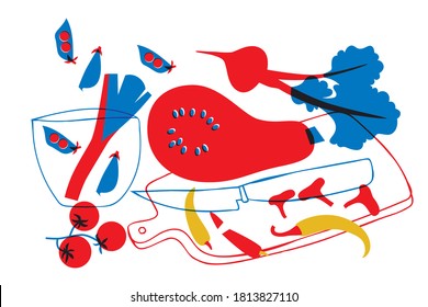 Pepper, tomatoes, beets, mushrooms, pumpkin, peas abstract vector illustration. Cooking ingredients.