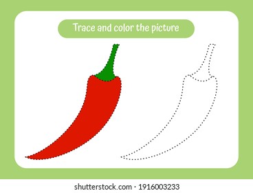 Pepper. Trace and color the picture. Educational game for children. Handwriting and drawing practice. Vegetable theme activity for toddlers, kids. Vector illustration.